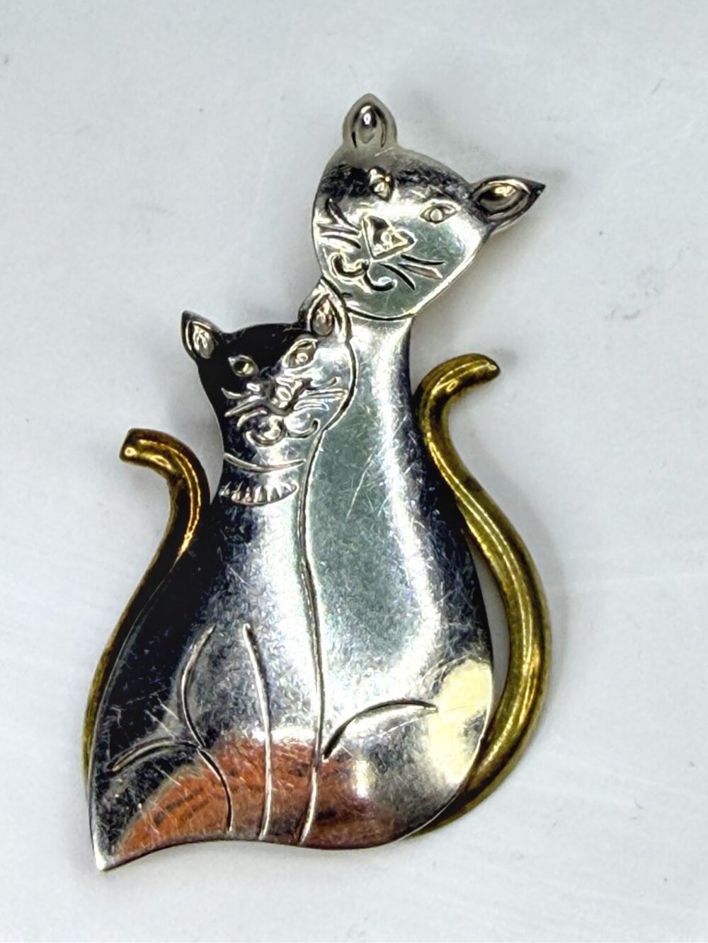 Vintage Mexican Sterling Silver Two Cats Brooch Mixed Metal 1 5/8" JR1971